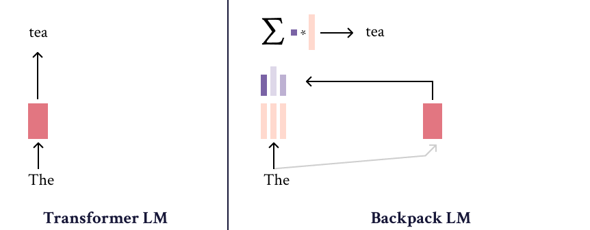A depiction of the Backpack language modeling process, in which each word in the sequence is weighted and summed to predict each word in context.